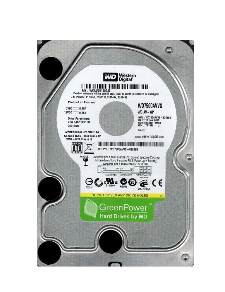 WD7500AAVS-63E1B1 Western Digital Caviar Green 750GB 5400RPM SATA 3Gbps 8MB Cache 3.5-inch Internal Hard Drive