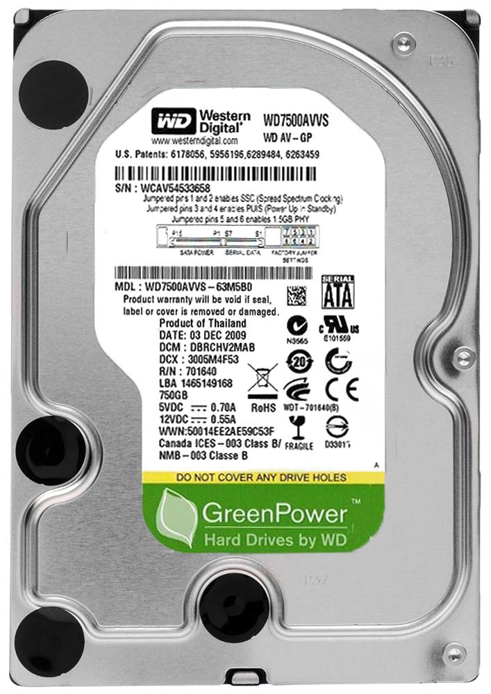WD7500AVVS-63M5B0 Western Digital AV-GP 750GB 7200RPM SATA 3Gbps 8MB Cache 3.5-inch Internal Hard Drive