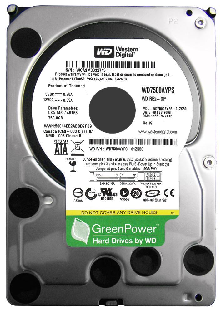WD7500AYPS Western Digital RE2-GP 750GB 7200RPM SATA 3Gbps 16MB Cache 3.5-inch Internal Hard Drive
