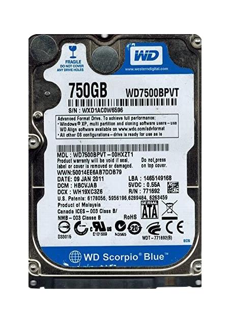 WD7500BPVT-00HXZT1 Western Digital Scorpio Blue 750GB 5400RPM SATA 3Gbps 8MB Cache 2.5-inch Internal Hard Drive