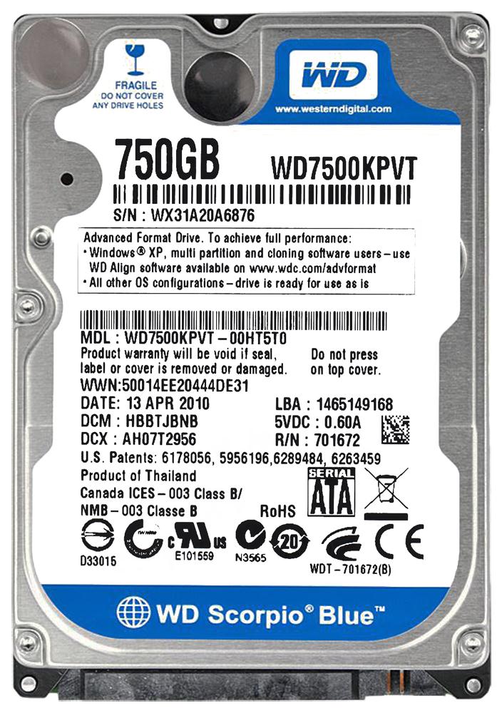 WD7500KPVT-00HT5T0 Western Digital Scorpio Blue 750GB 5200RPM SATA 3Gbps 8MB Cache 2.5-inch Internal Hard Drive