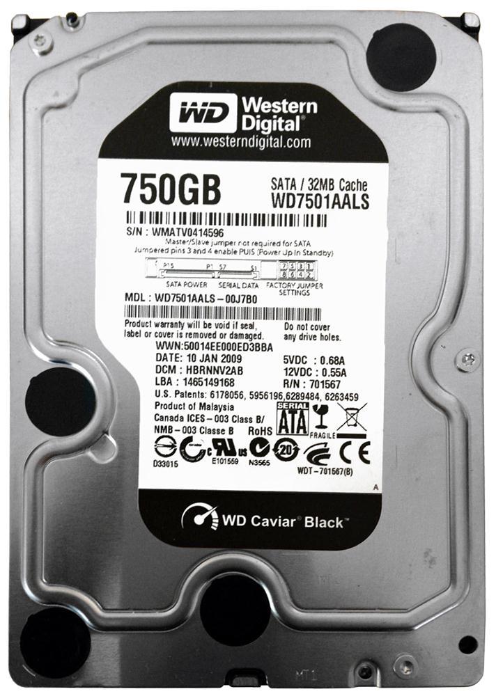 WD7501AALS-OOJ7BO Western Digital Caviar Black 750GB 7200RPM SATA 3Gbps 32MB Cache 3.5-inch Internal Hard Drive