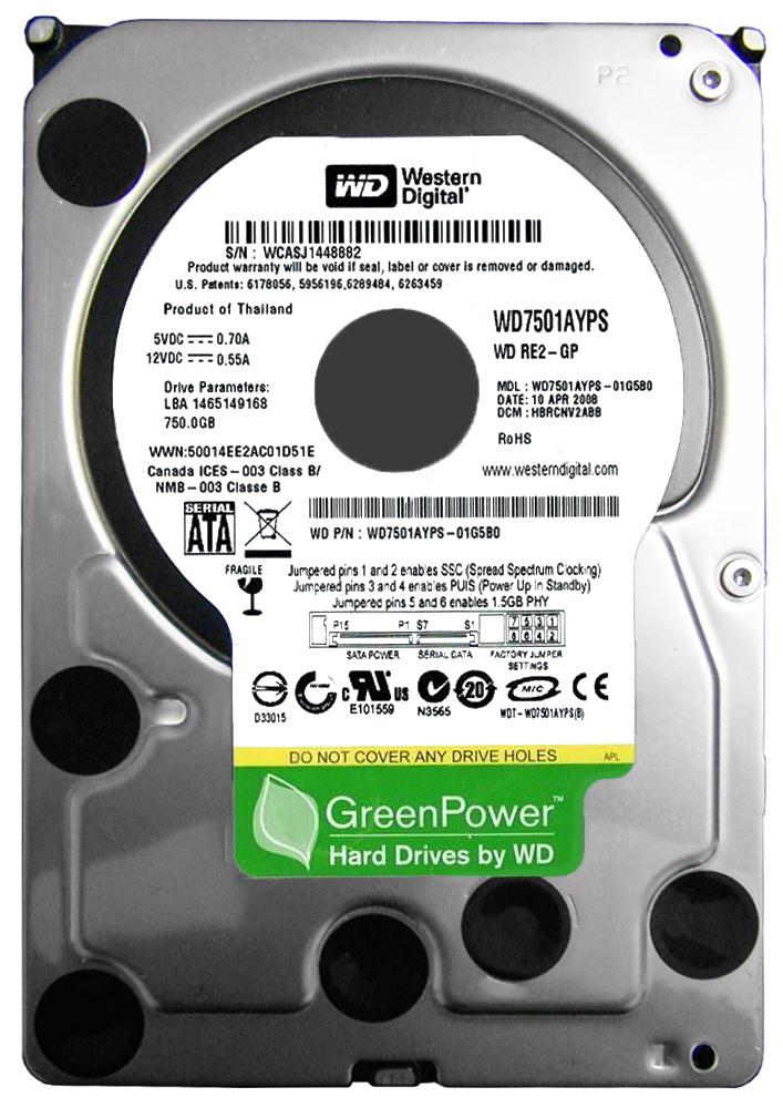 WD7501AYPS-01G5B0 Western Digital RE2-GP 750GB 7200RPM SATA 3Gbps 16MB Cache 3.5-inch Internal Hard Drive