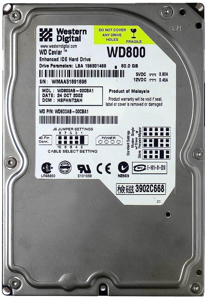 WD800AB Western Digital Caviar 80GB 5400RPM ATA-100 2MB Cache 3.5-inch Internal Hard Drive