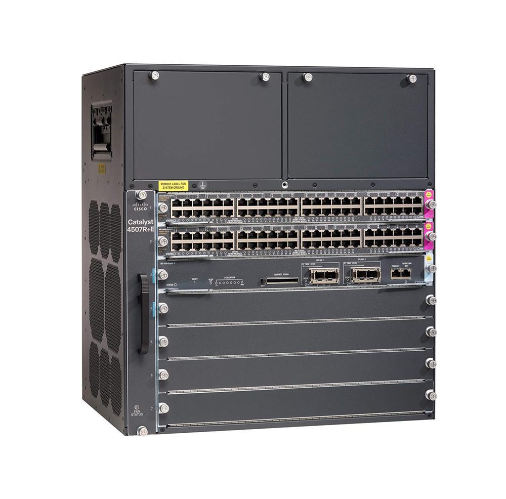 WS-C4507RE+96V+ Cisco Catalyst Switch Bundle includes (1 x WS-C4507R+E Cisco 4507 R+E chassis, 1 x WS-X45-SUP7L-E Supervisor 7E, 2 x WS-X4648-RJ45-E RJ-45 10/100/1000 Ethernet modules, 1 x PWR-C45-2800ACV Power Supply) (Refurbished)