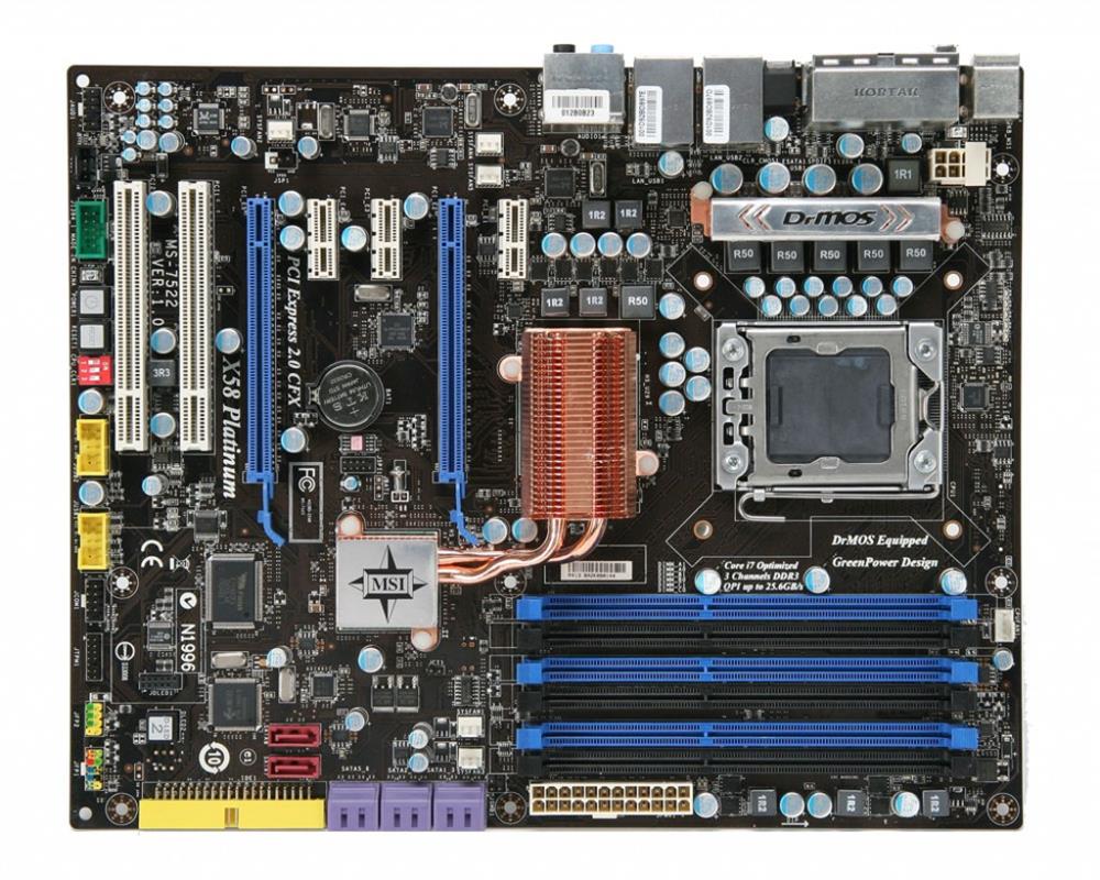 X58 Platinum SLI MSI Socket LGA 1366 Intel X58 + ICH10R Chipset Core i7 Extreme Edition/ Core i7 Processors Support DDR3 6x DIMM 8x SATA2 3.0Gb/s ATX Motherboard (Refurbished)
