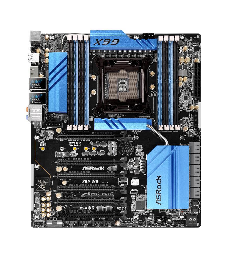 X99-WS ASRock X99 WS Socket LGA 2011-3 Intel X99 Chipset Core i7 / Xeon E5-1600/ 2600 v3 Processor Support DDR4 8x DIMM 10x SATA3 6.0Gb/s E-ATX Server Motherboard (Refurbished)