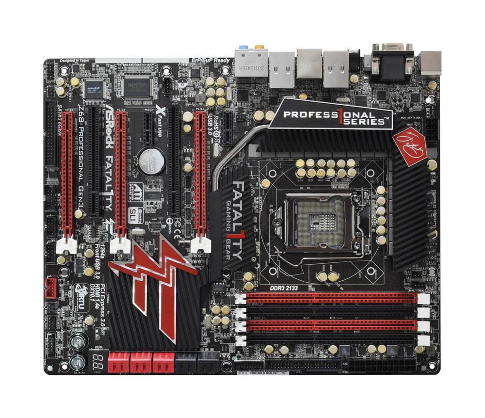 Z68-PROFESSIONAL-GEN ASRock Fatal1ty Z68 Professional Gen3 Socket LGA 1155 Intel Z68 Chipset 3rd & 2nd Generation Core i7 / i5 / i3 / Pentium / Celeron / Xeon Processors Support DDR3 4x DIMM 2x SATA3 6.0Gb/s ATX Motherboard (Refurbished)