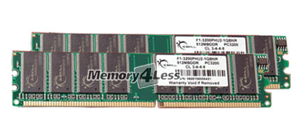 F1-3200PHU2-1GBNR G.SKILL 1GB Kit (2 X 512MB) PC3200 DDR-400MHz non-ECC Unbuffered CL3 (3-4-4-8) 184-Pin DIMM Memory