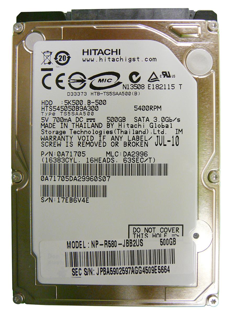 0A71705 HGST Hitachi Travelstar 5K500.B 500GB 5400RPM SATA 3Gbps 8MB Cache 2.5-inch Internal Hard Drive