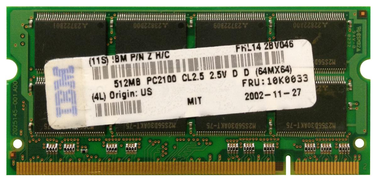 10K0033 IBM 512MB PC2100 DDR-266MHz non-ECC Unbuffered CL2.5 200-Pin SoDimm Memory Module