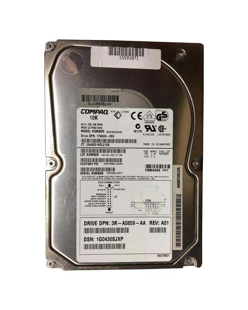176493-003 HP 36.4GB 10000RPM Ultra-160 SCSI 80-Pin LVD Hot Swap 3.5-inch Internal Hard Drive