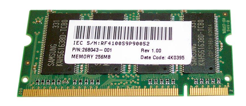 268043-001 HP 256MB PC2100 DDR-266MHz non-ECC Unbuffered CL2.5 200-Pin SoDimm Memory Module
