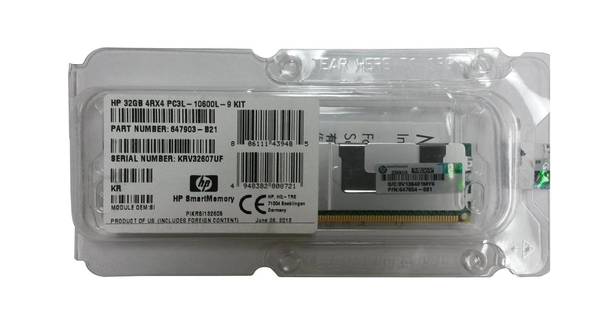 647903-B21-B2 HP 32GB PC3-10600 DDR3-1333MHz ECC Registered CL9 240-Pin Load Reduced DIMM Low Voltage Quad Rank Memory Module