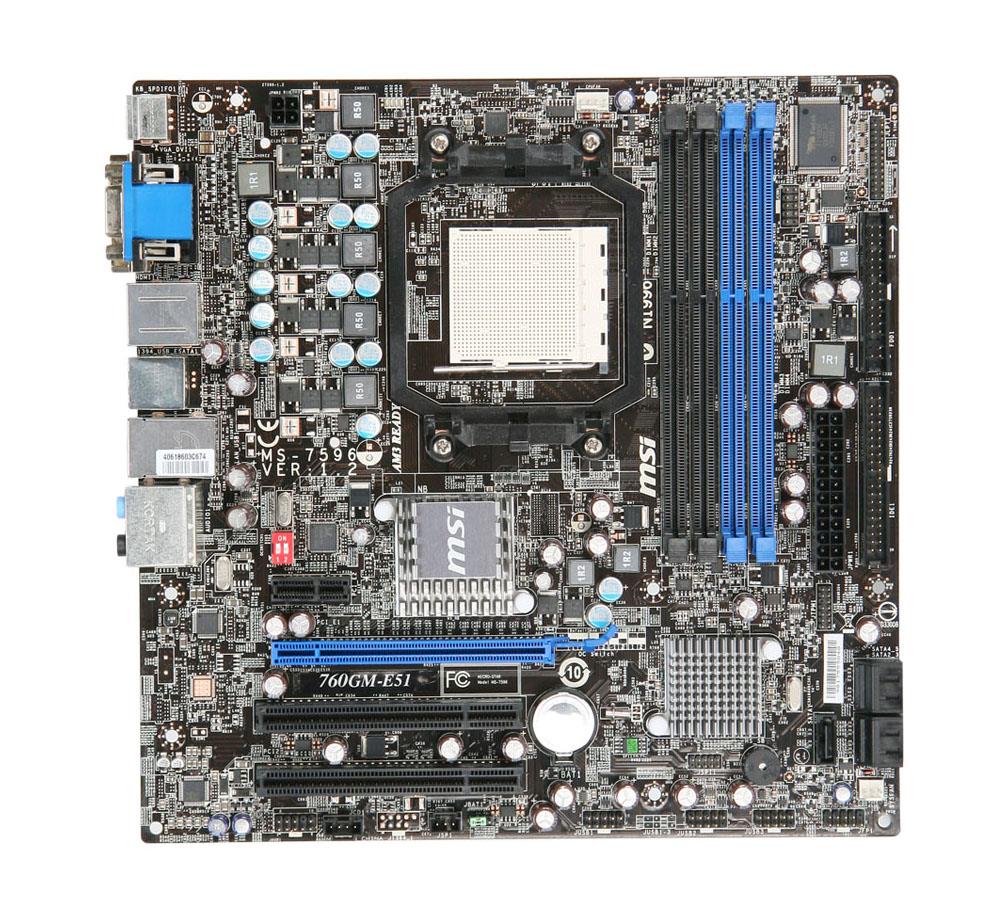 760GM-E51 MSI Socket AM3 AMD 760G + SB710 Chipset AMD Phenom II X4/ Phenom II X3/ Phenom II X2/ AMD Athlon II X4/ Athlon II X3/ Athlon II X2/ AMD Sempron Processors Support DDR3 4x DIMM 5x SATA2 3.0Gb/s Micro-ATX Motherboard (Refurbished)