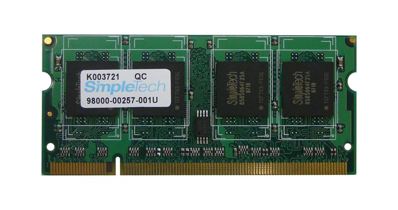 98000-00257-001U SimpleTech 512MB PC2-3200 DDR2-400MHz non-ECC Unbuffered CL3 200-Pin SoDimm Memory Module