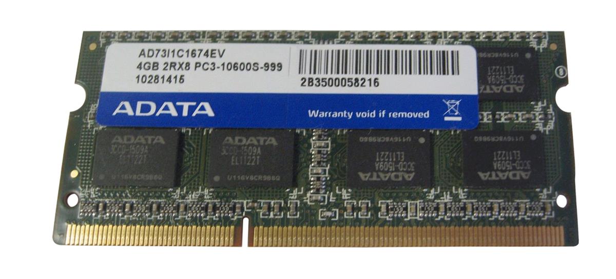 AD73I1C1674EV ADATA 4GB PC3-10600 DDR3-1333MHz non-ECC Unbuffered CL9 204-Pin SoDimm Dual Rank Memory Module