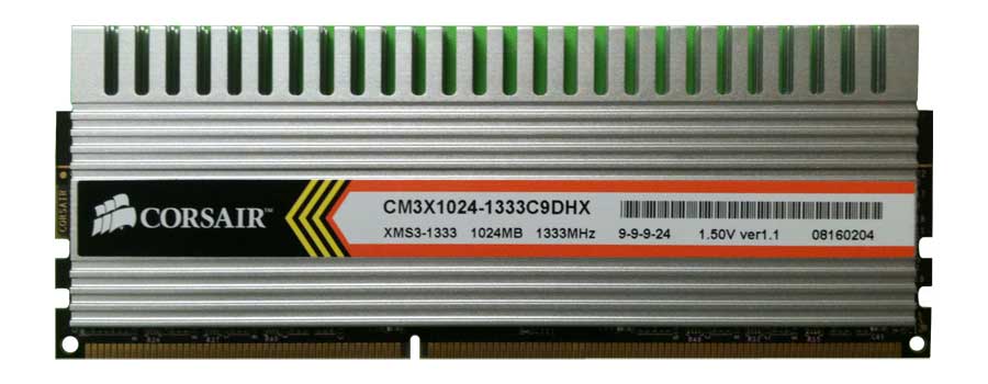CM3X1024-1333C9DHX Corsair 1GB PC3-10600 DDR3-1333MHz non-ECC Unbuffered CL9 240-Pin DIMM Dual Rank Memory Module