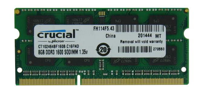 CT102464BF160B.C16FN Crucial 8GB PC3-12800 DDR3-1600MHz non-ECC Unbuffered CL11 204-Pin SoDimm 1.35V Low Voltage Dual Rank Memory Module