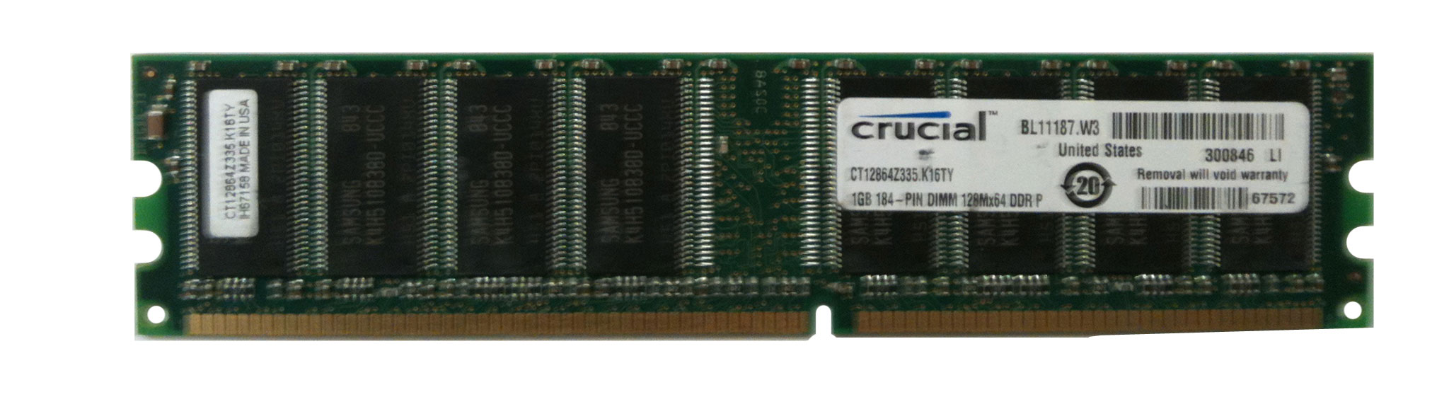 CT12864Z335.K16TY Crucial 1GB PC2700 DDR-333MHz non-ECC Unbuffered CL2.5 184-Pin DIMM 2.5V Memory Module