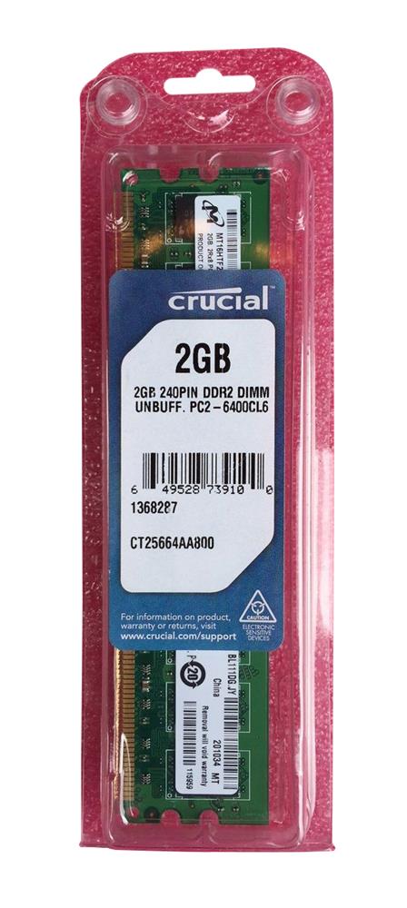 CT25664AA800 Crucial 2GB PC2-6400 DDR2-800MHz non-ECC Unbuffered CL6 240-Pin DIMM Dual Rank Memory Module