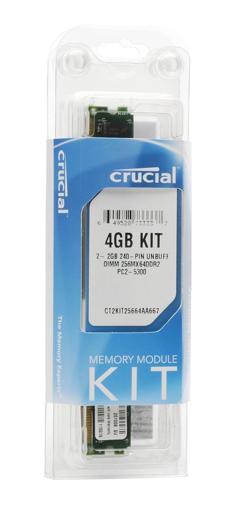 CT2KIT25664AA667 Crucial 4GB Kit (2 X 2GB) PC2-5300 DDR2-667MHz non-ECC Unbuffered CL5 240-Pin DIMM Memory