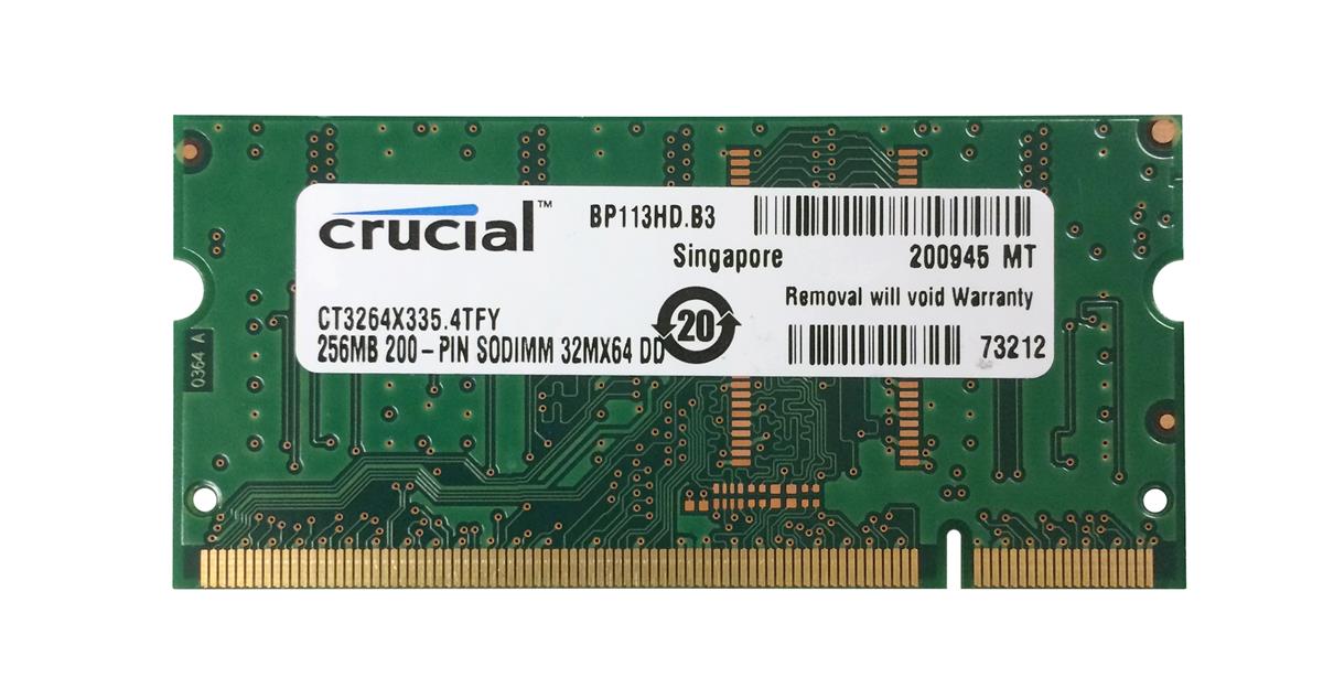 CT3264X335 Crucial 256MB PC2700 DDR-333MHz non-ECC Unbuffered CL2.5 200-Pin SoDimm 2.5V Memory Module