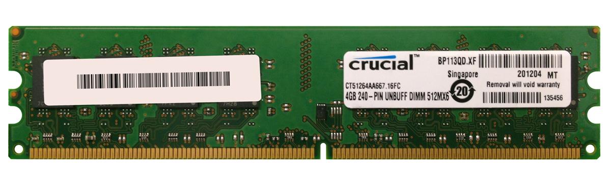 CT51264AA667 Crucial 4GB PC2-5300 DDR2-667MHz non-ECC Unbuffered CL5 1.8v 240-Pin DIMM Memory Module