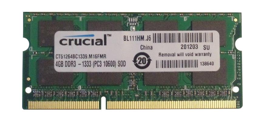 CT51264BC1339.M16FMR Crucial 4GB PC3-10600 DDR3-1333MHz non-ECC Unbuffered CL9 204-Pin SoDimm Dual Rank Memory Module