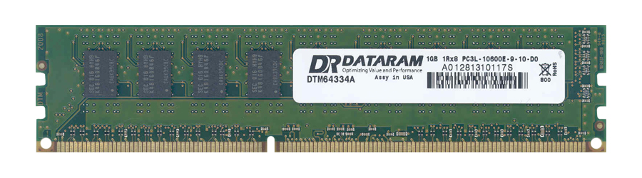 DTM64334A Dataram 1GB PC3-10600 DDR3-1333MHz ECC Unbuffered CL9 240-Pin DIMM 1.35V Low Voltage Single Rank Memory Module