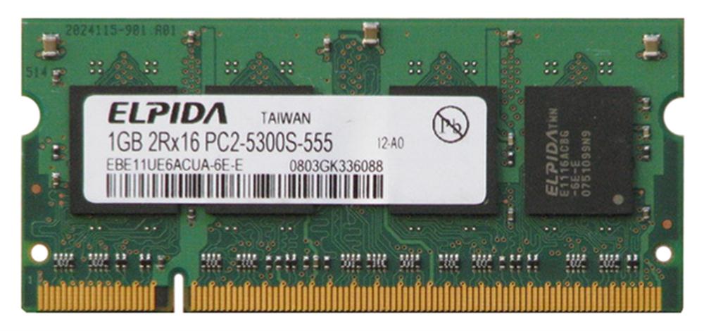 EBE11UE6ACUA-6E-E Elpida 1GB PC2-5300 DDR2-667MHz non-ECC Unbuffered CL5 200-Pin SoDimm Dual Rank Memory Module