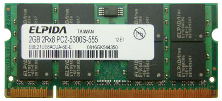 EBE21UE8ACUA-6E-E Elpida 2GB PC2-5300 DDR2-667MHz non-ECC Unbuffered CL5 200-Pin SoDimm Dual Rank Memory Module