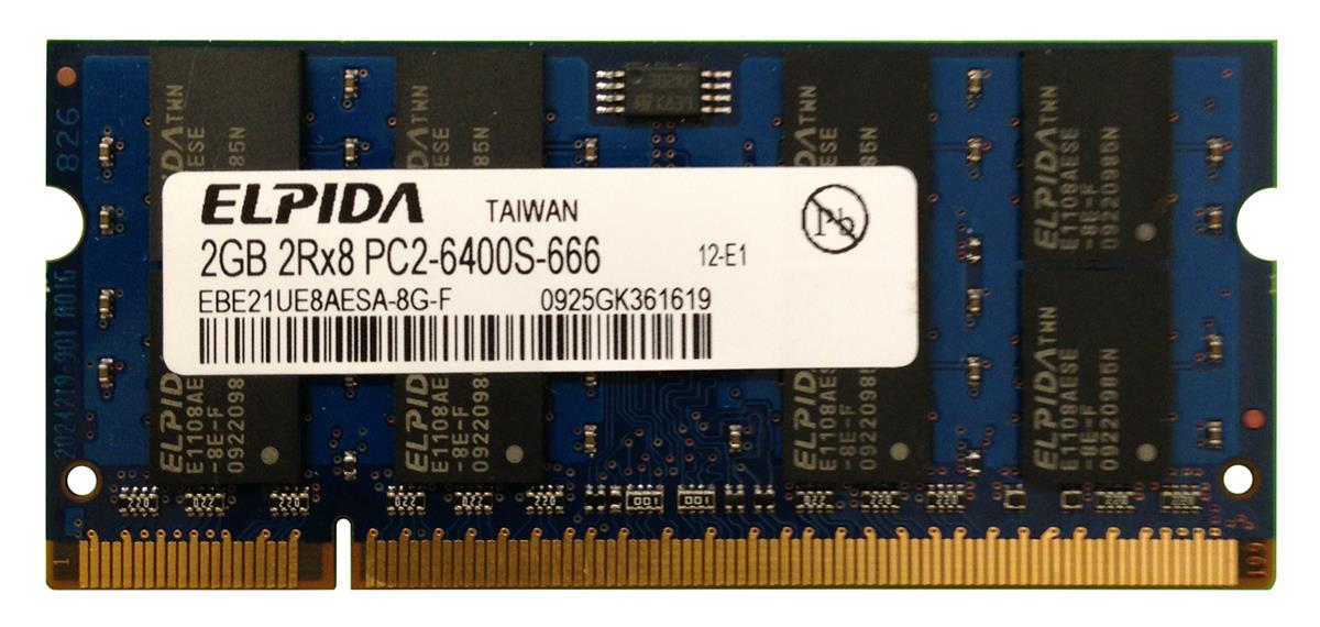 EBE21UE8AESA-8G-F Elpida 2GB PC2-6400 DDR2-800MHz non-ECC Unbuffered CL6 200-Pin SoDimm Dual Rank Memory Module