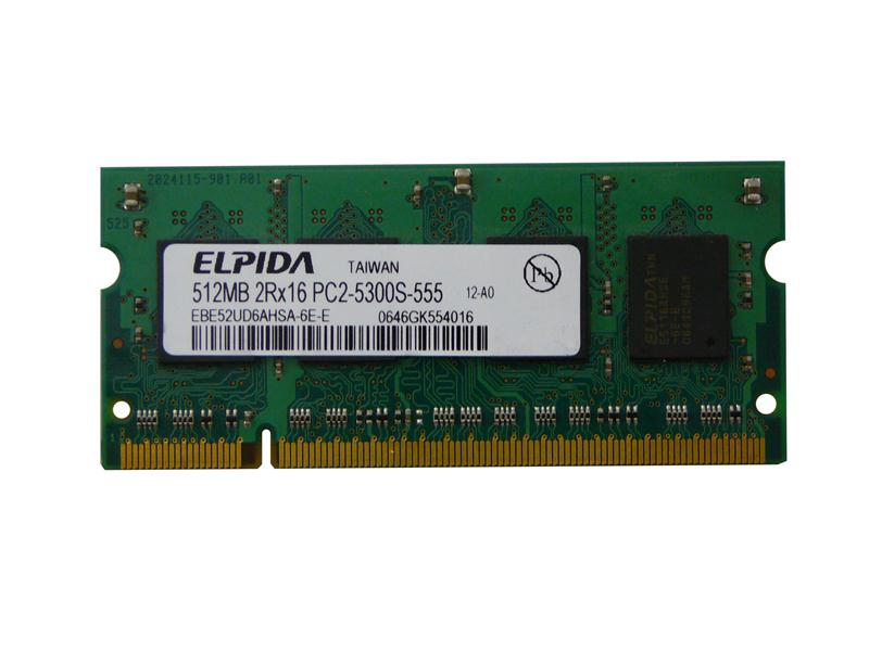 EBE52UD6AHSA-6E-E Elpida 512MB PC2-5300 DDR2-667MHz non-ECC Unbuffered CL5 200-Pin SoDimm Dual Rank Memory Module