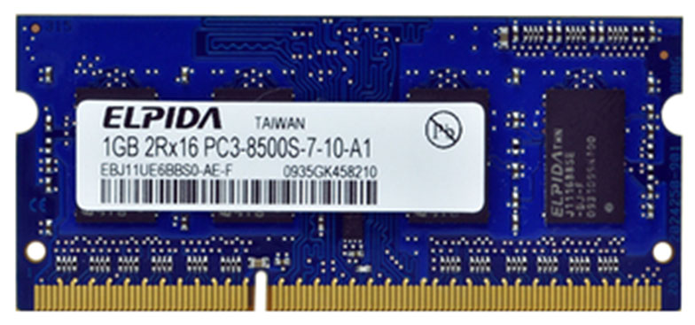 EBJ11UE6BBS0-AE-F Elpida 1GB PC3-8500 DDR3-1066MHz non-ECC Unbuffered CL7 204-Pin SoDimm Dual Rank Memory Module