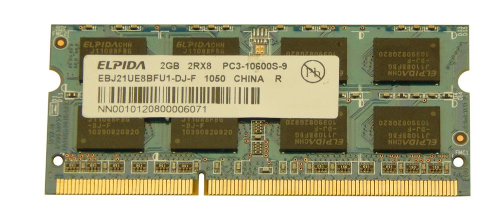 EBJ21UE8BFU1-DJ-F Elpida 2GB PC3-10600 DDR3-1333MHz non-ECC Unbuffered CL9 204-Pin SoDimm Dual Rank Memory Module