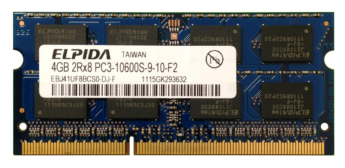 EBJ41UF8BCS0-DJ-F Elpida 4GB PC3-10600 DDR3-1333MHz non-ECC Unbuffered CL9 204-Pin SoDimm Dual Rank Memory Module