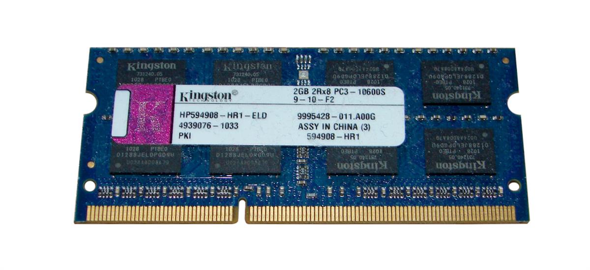 HP594908-HR1-ELD Kingston 2GB PC3-10600 DDR3-1333MHz non-ECC Unbuffered CL9 204-Pin SoDimm Dual Rank Memory Module