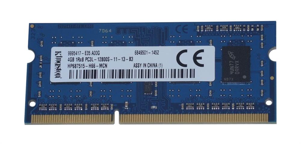HP687515-H66-MCN Kingston 4GB PC3-12800 DDR3-1600MHz non-ECC Unbuffered CL11 204-Pin SoDimm 1.35V Low Voltage Single Rank Memory Module