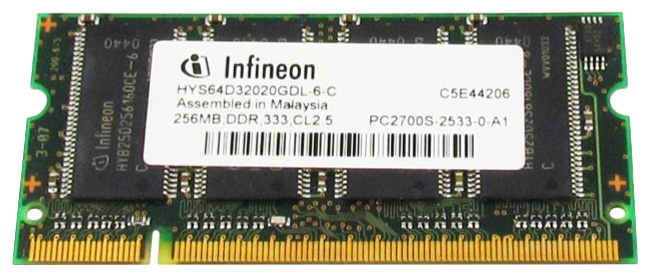 HYS64D32020GDL-6-C Infineon 256MB PC2700 DDR-333MHz non-ECC Unbuffered CL2.5 200-Pin SoDimm Dual Rank Memory Module