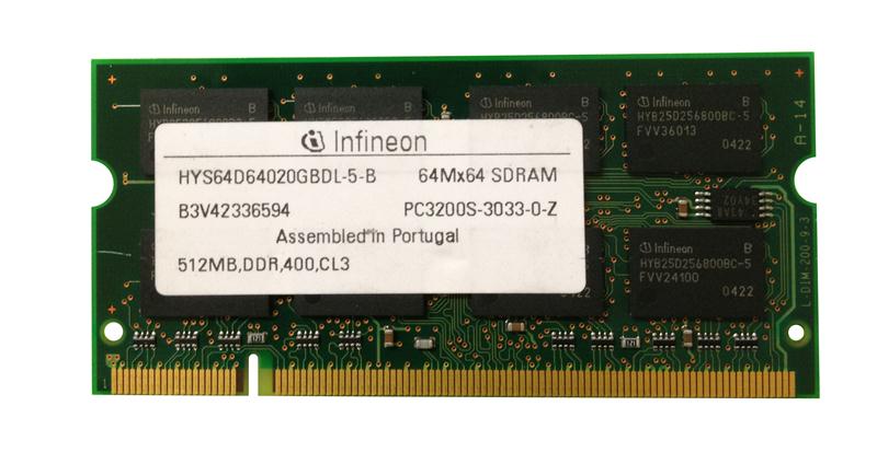 HYS64D64020GBDL-5-B Infineon 512MB PC3200 DDR-400MHz non-ECC Unbuffered CL2.5 200-Pin SoDimm Memory Module
