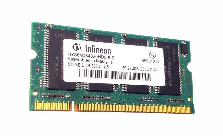 HYS64D64020HDL-6-B Infineon 512MB PC2700 DDR-333MHz non-ECC Unbuffered CL2.5 200-Pin SoDimm Memory Module