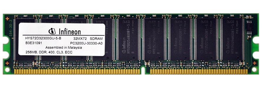 HYS72D32300GU-5-B Infineon 256MB PC3200 DDR-400MHz ECC Unbuffered CL3 184-Pin DIMM Single Rank Memory Module