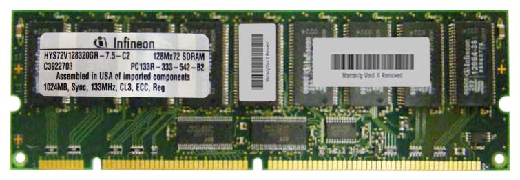 HYS72V128320GR-7.5-C2 Infineon 1GB PC133 133MHz ECC Registered CL3 168-Pin 3.3V DIMM Memory Module