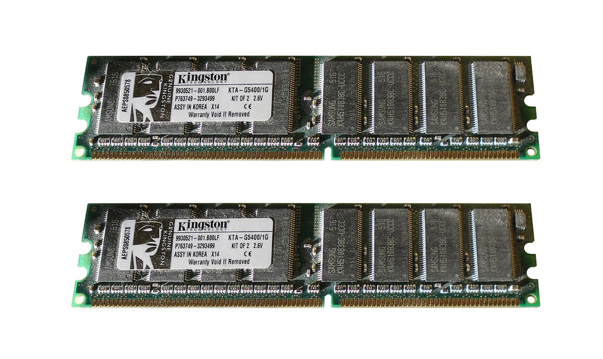 KTA-G5400/1G Kingston 1GB Kit (2 X 512MB) PC3200 DDR-400MHz non-ECC Unbuffered CL3 184-Pin DIMM Memory For Apple