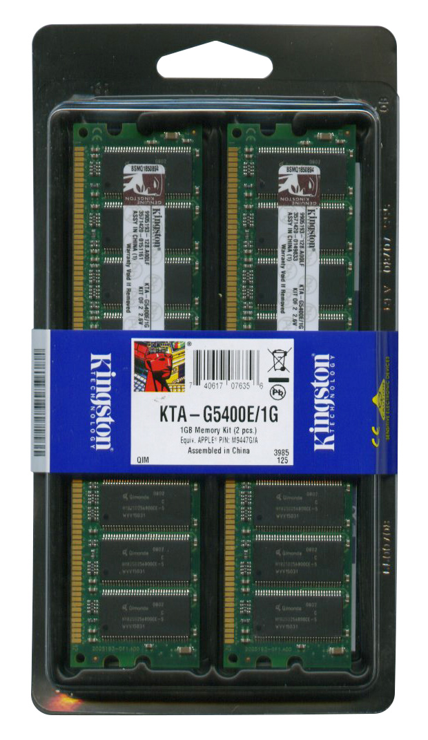 KTA-G5400E/1G Kingston 1GB Kit (2 X 512MB) PC3200 DDR-400MHz ECC Unbuffered CL3 184-Pin DIMM Memory for Apple M9447G/A