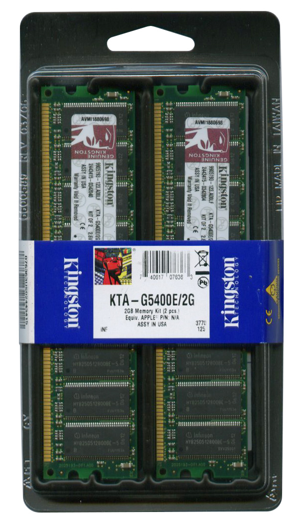 KTA-G5400E/2G Kingston 2GB Kit (2 X 1GB) PC3200 DDR-400MHz ECC Unbuffered CL3 184-Pin DIMM Memory for Apple