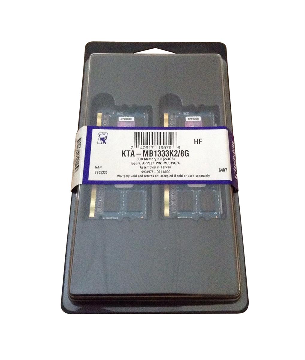 KTA-MB1333K2/8G Kinston 8GB Kit (2 X 4GB) PC3-10600 DDR3-1333MHz non-ECC Unbuffered CL9 204-Pin SoDimm Dual Rank Memory for Apple