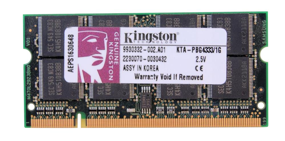KTA-PBG4333/1G Kingston 1GB PC2700 DDR-333MHz non-ECC Unbuffered CL2.5 200-Pin SoDimm Memory Module for Apple Powerbook G4 iBook G4