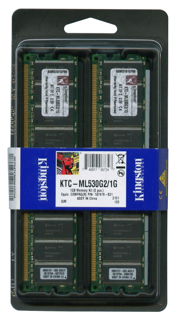 KTC-ML530G2/1G Kingston 1GB Kit (2 X 512MB) PC1600 DDR-200MHz Registered ECC CL2 184-Pin DIMM 2.5V Memory for HP/Compaq Servers